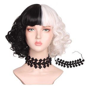 NEW - ColorGround - Short Half Black Half White Curly Wig  w/Necklace Choker